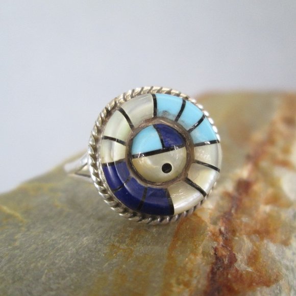 Zuni Sunface Ring, Turquoise Lapis Mother Of Pearl Onyx, Frank Yazzie Design - Picture 8 of 8